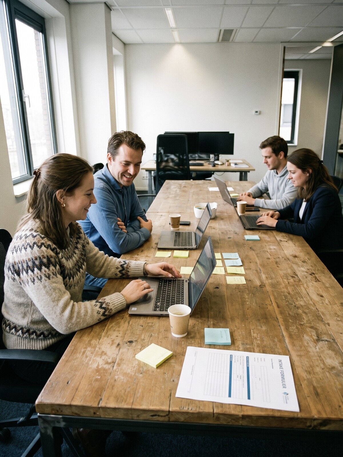 Een team bouwt samen aan één tafel