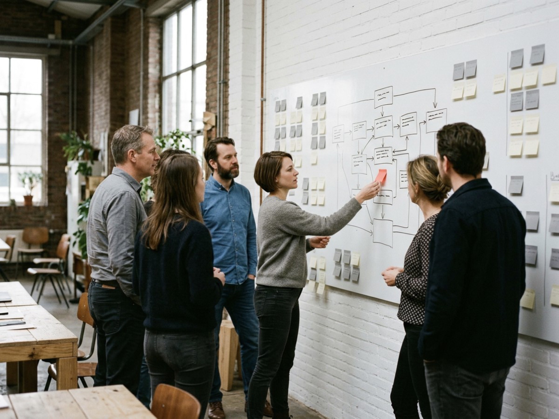 Een eigenaar en team plannen hun workflow op een muur vol post-its