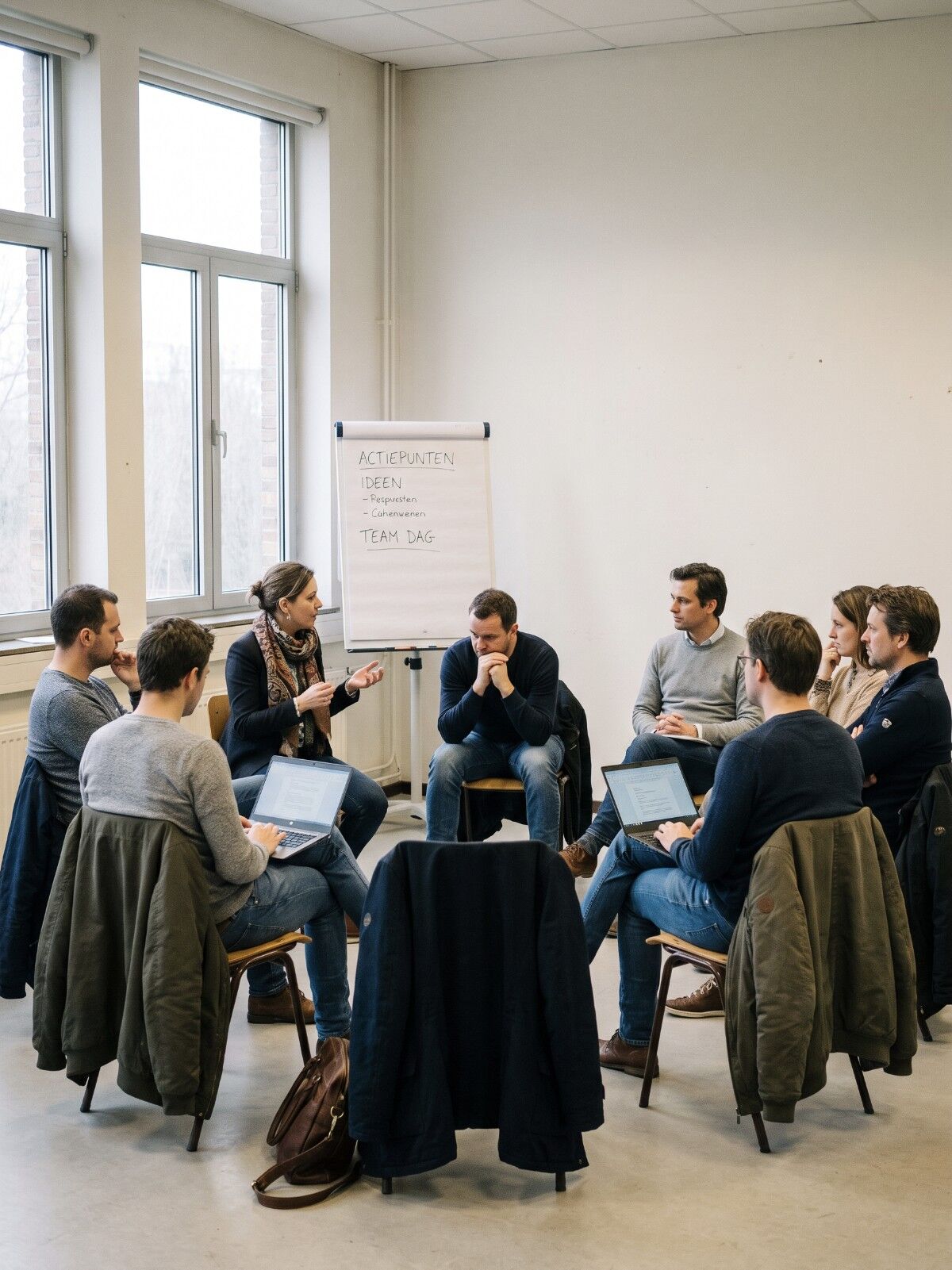 Eigenaar en team in een kring in gesprek