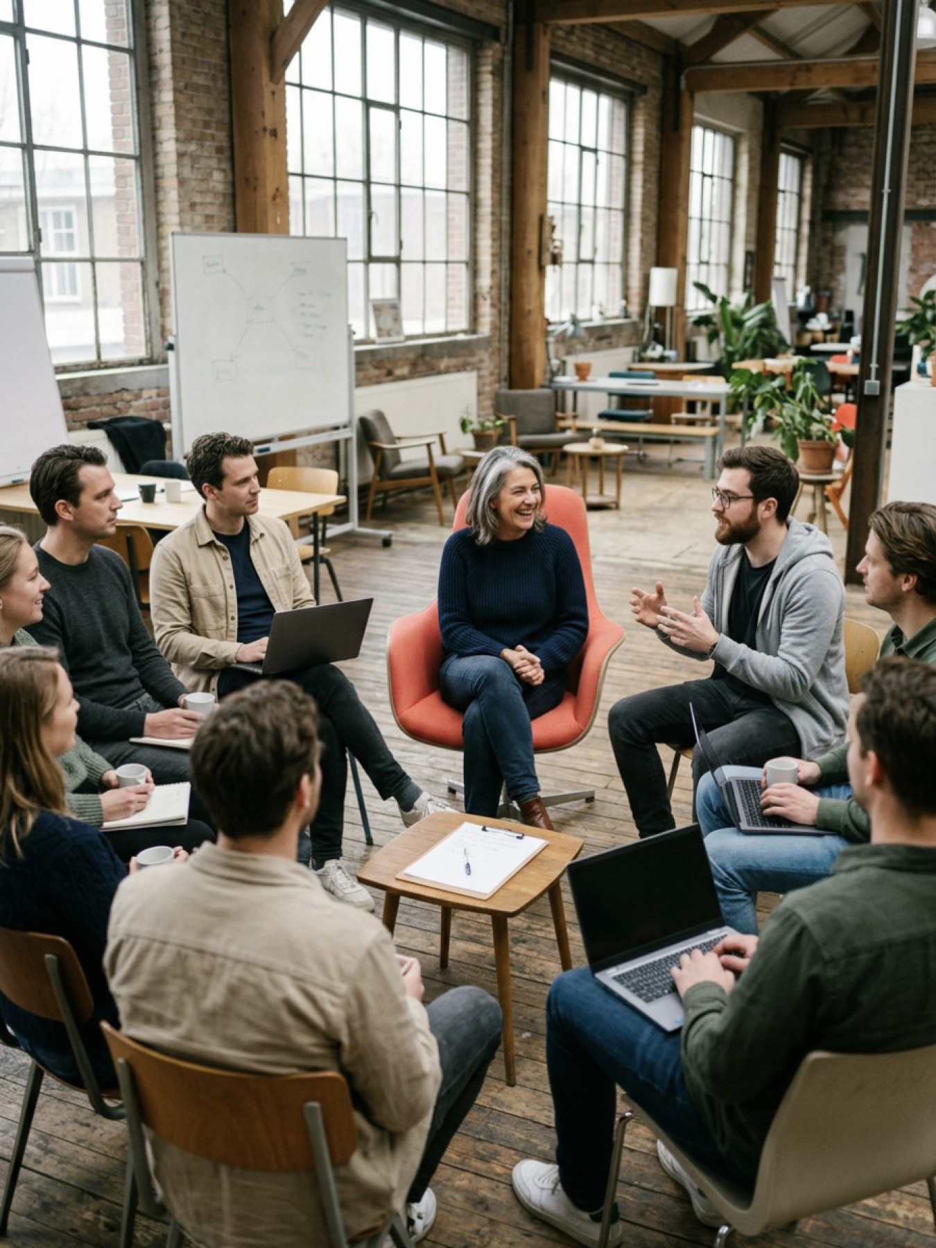 Eigenaar en team in een kring in gesprek