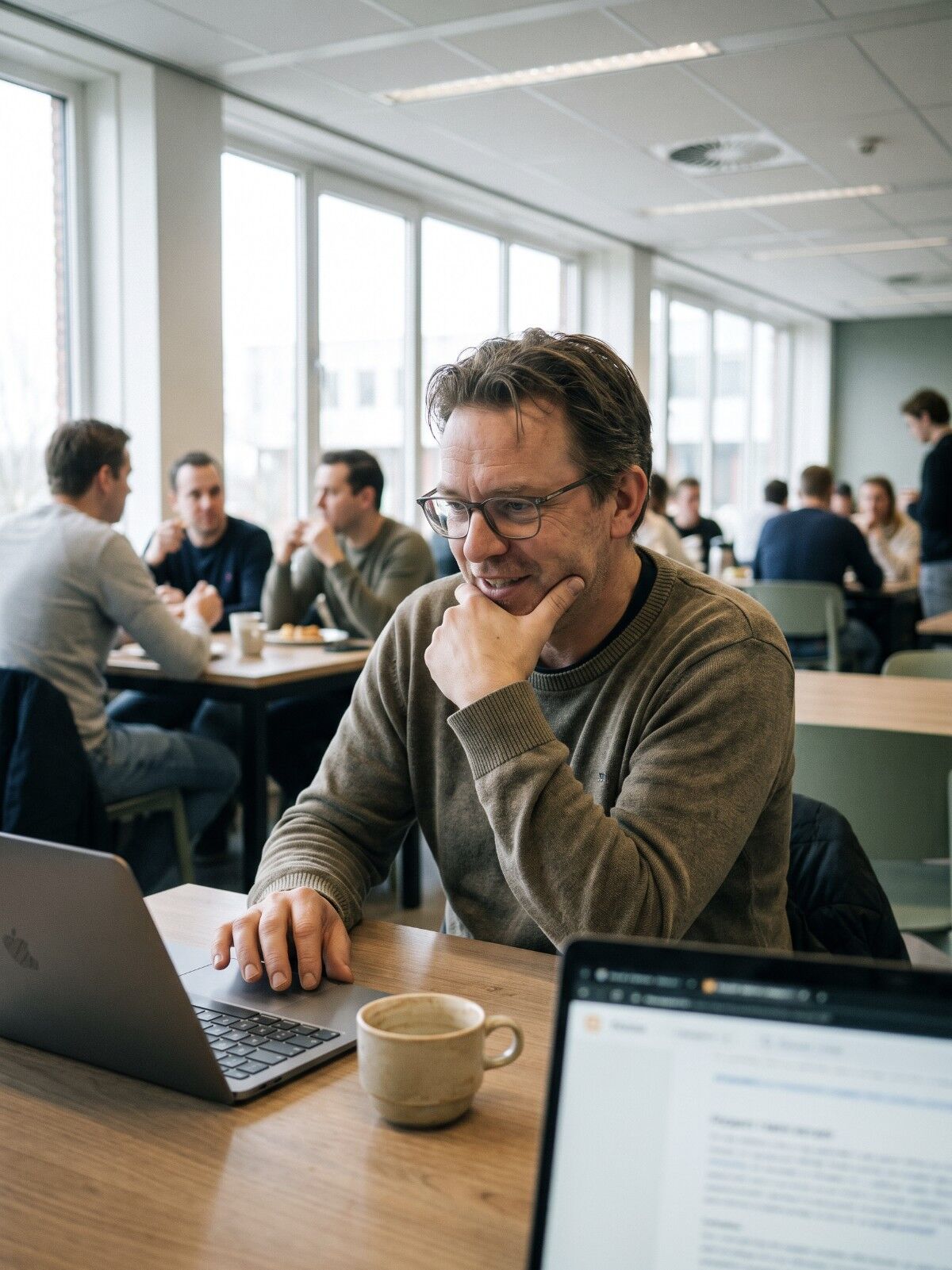 Iemand leest een klaargezet antwoord op zijn laptop