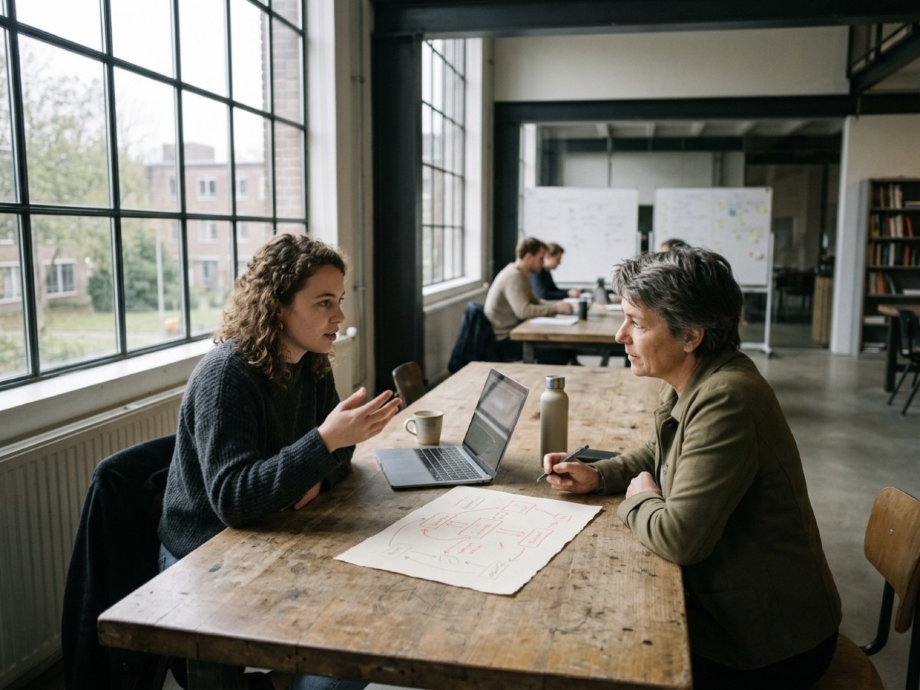 Twee founders met een laptop en een schets van hun systeem
