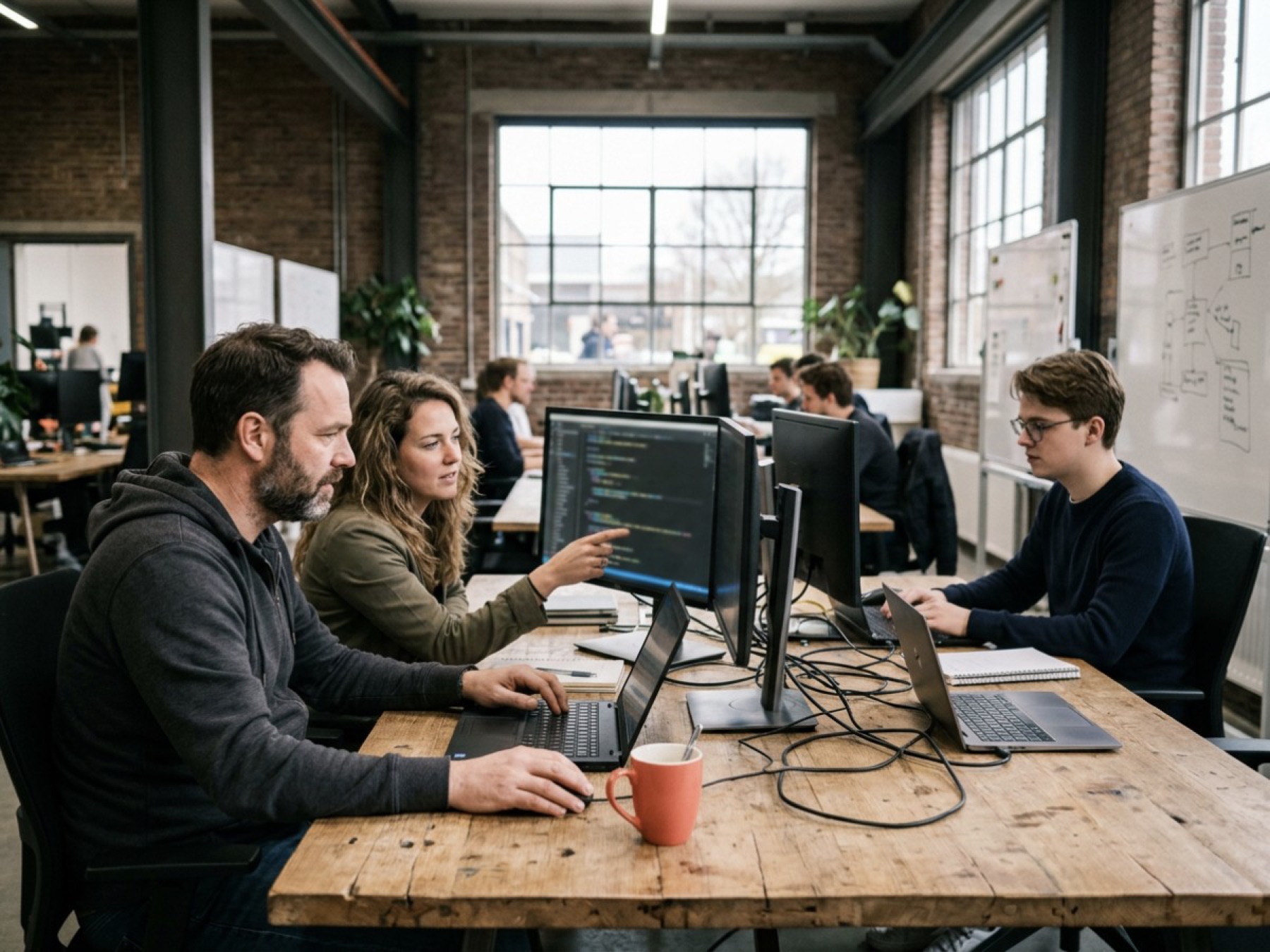 Developers werken samen aan een lange tafel
