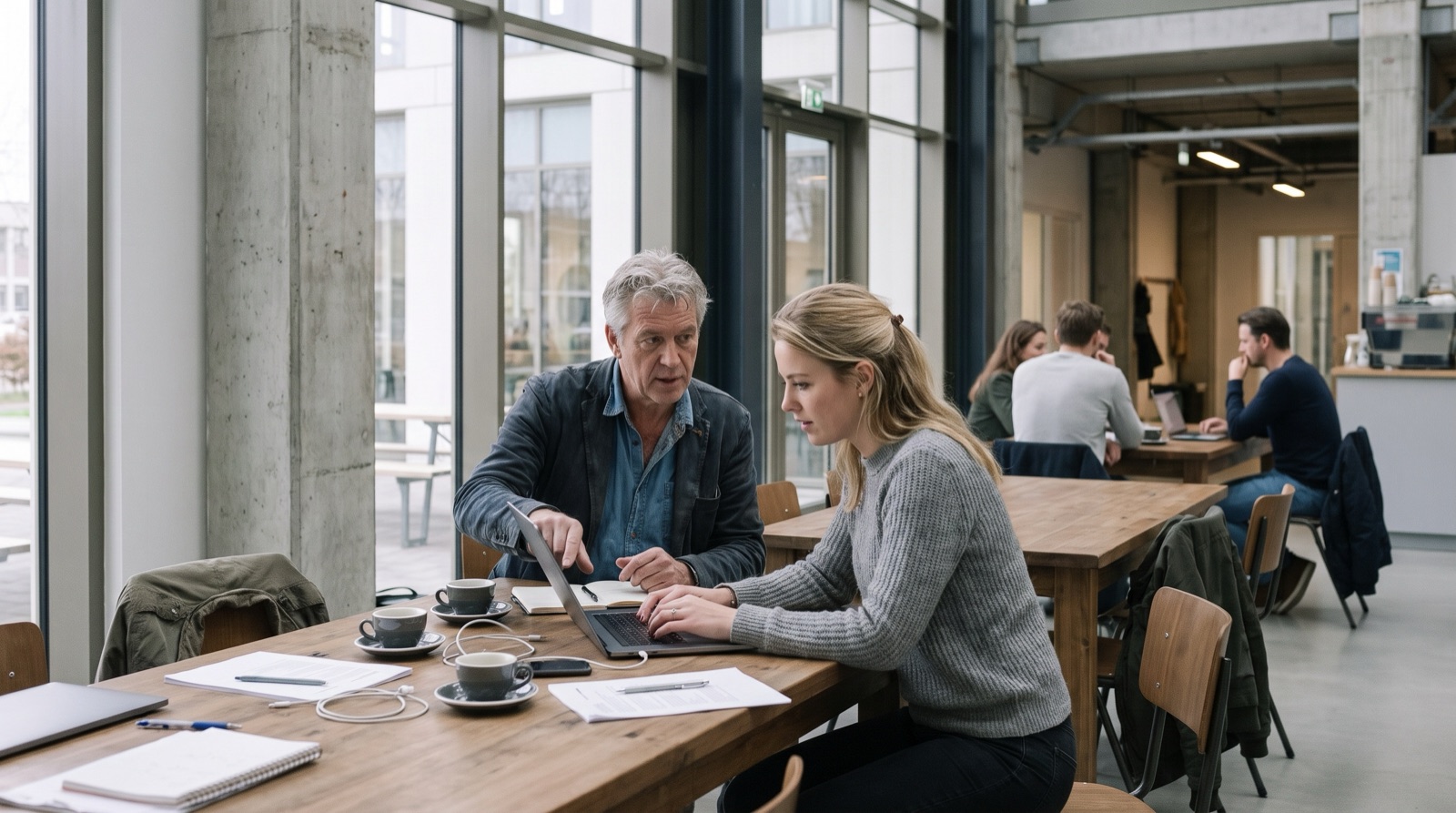 Een senior en een junior werken samen aan één laptop