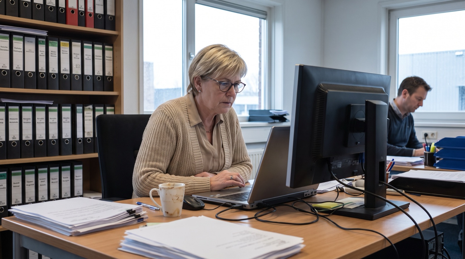 Een ervaren vakmens leest mee met wat er op haar scherm verschijnt