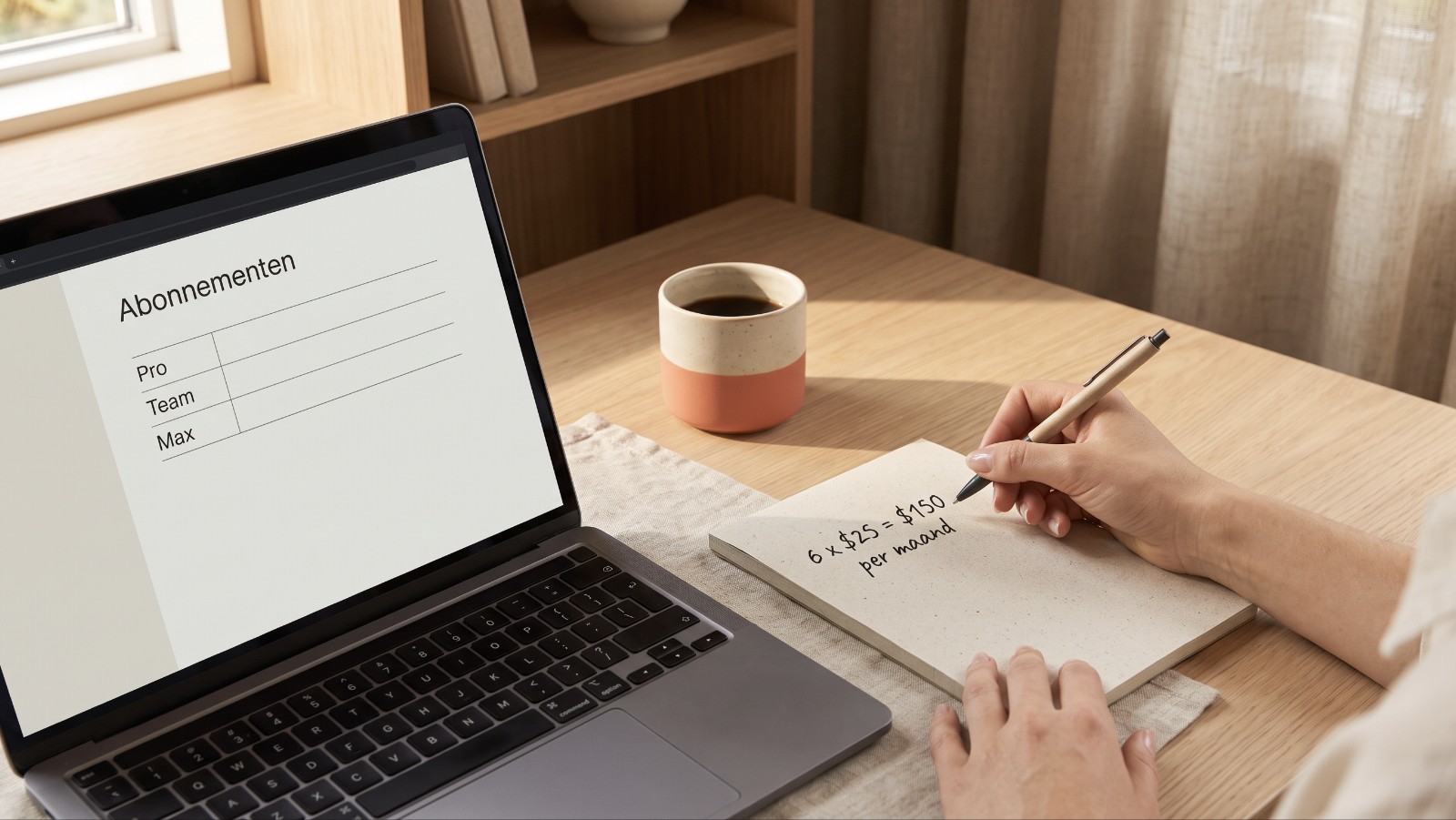 Een laptop op een houten bureau met een overzicht van abonnementen, ernaast een notitieblok met een sommetje