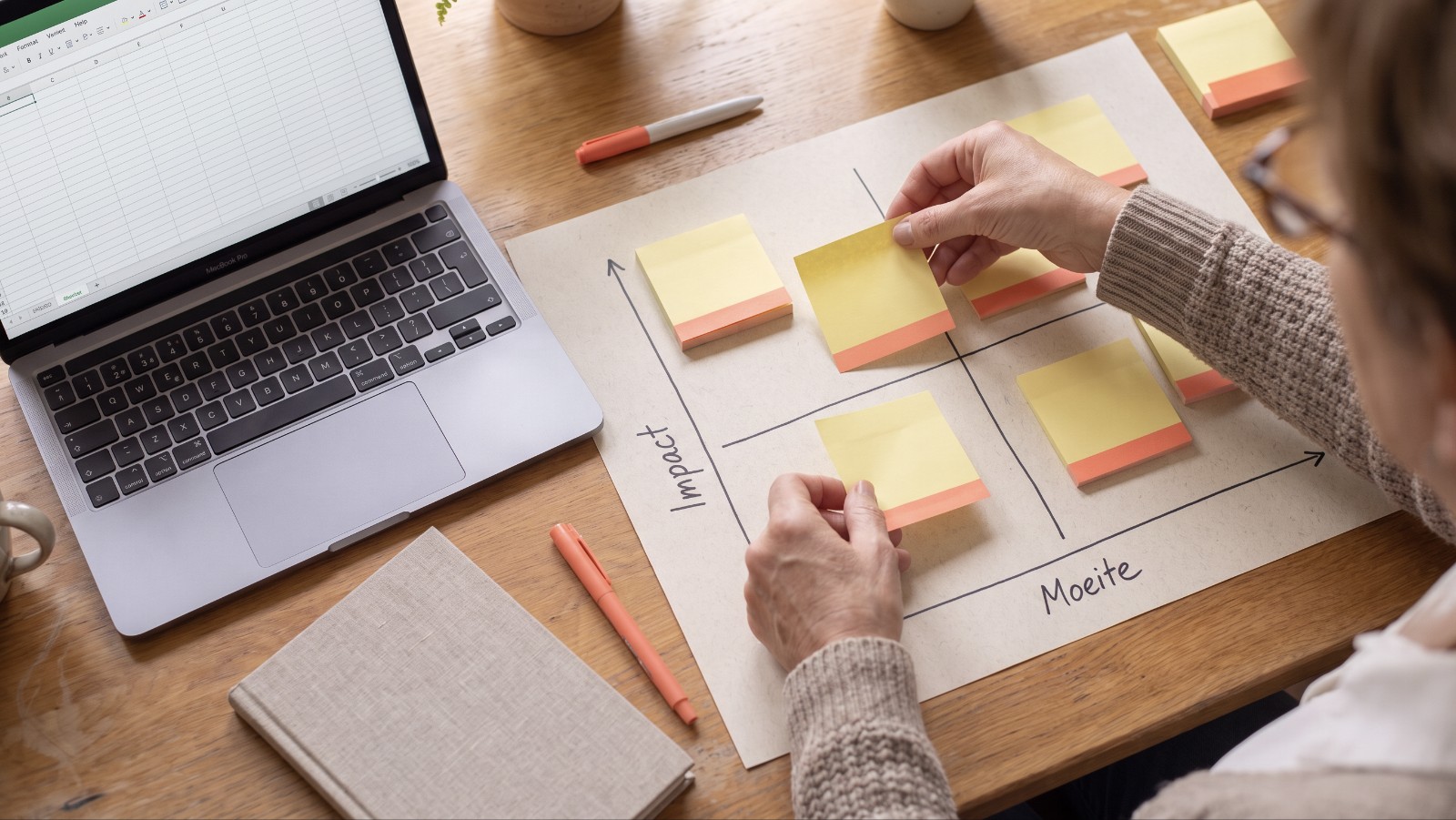 Handen plakken post-its op een vel met twee assen, impact en moeite, naast een laptop