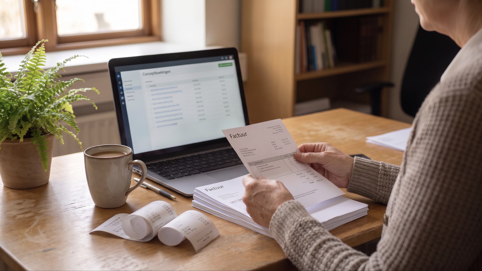 Iemand leest een factuur na aan een bureau, op de laptop staat een lijst met conceptboekingen