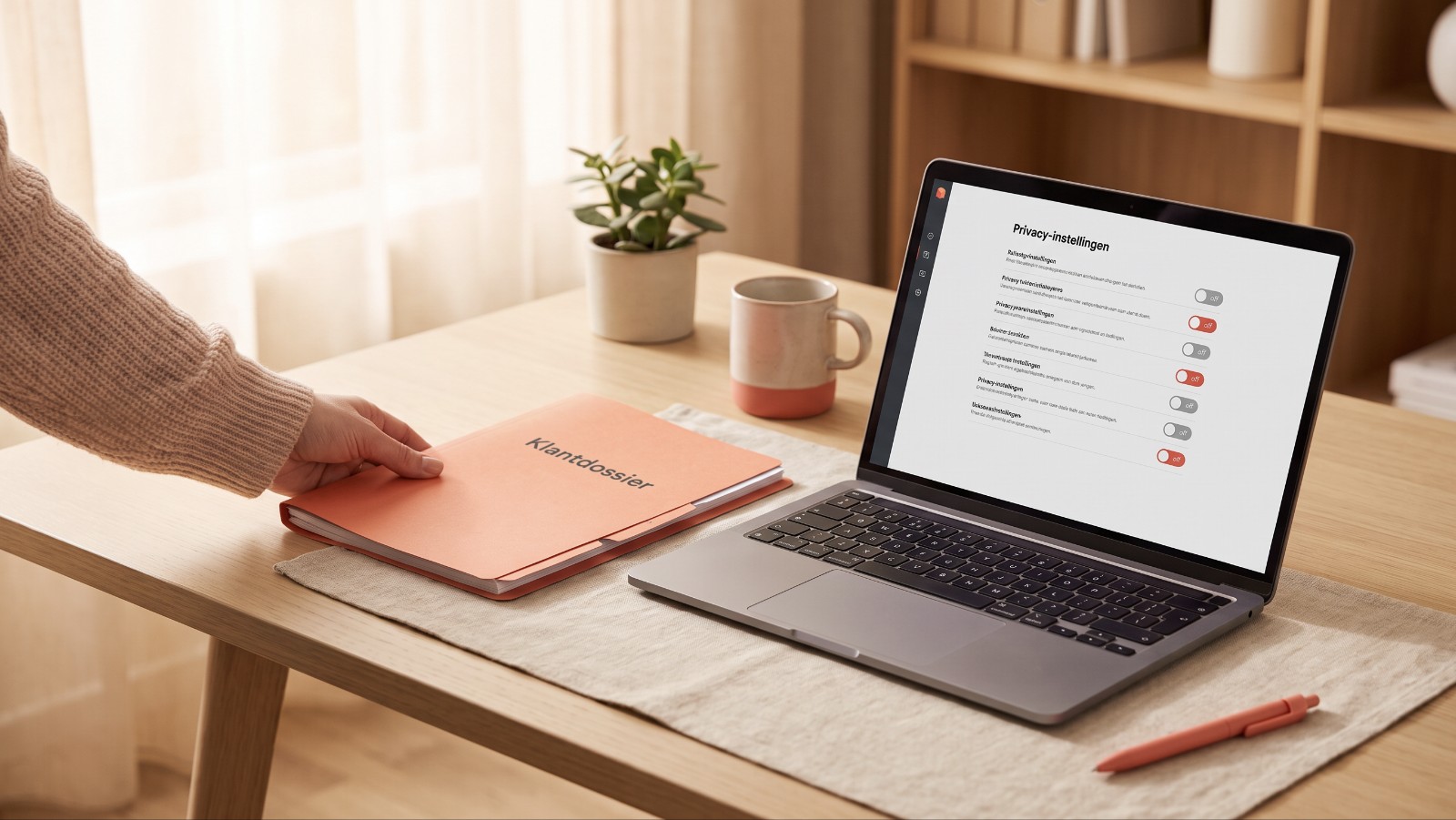 Een hand legt een klantdossier op een bureau naast een laptop met een overzicht van privacy-instellingen
