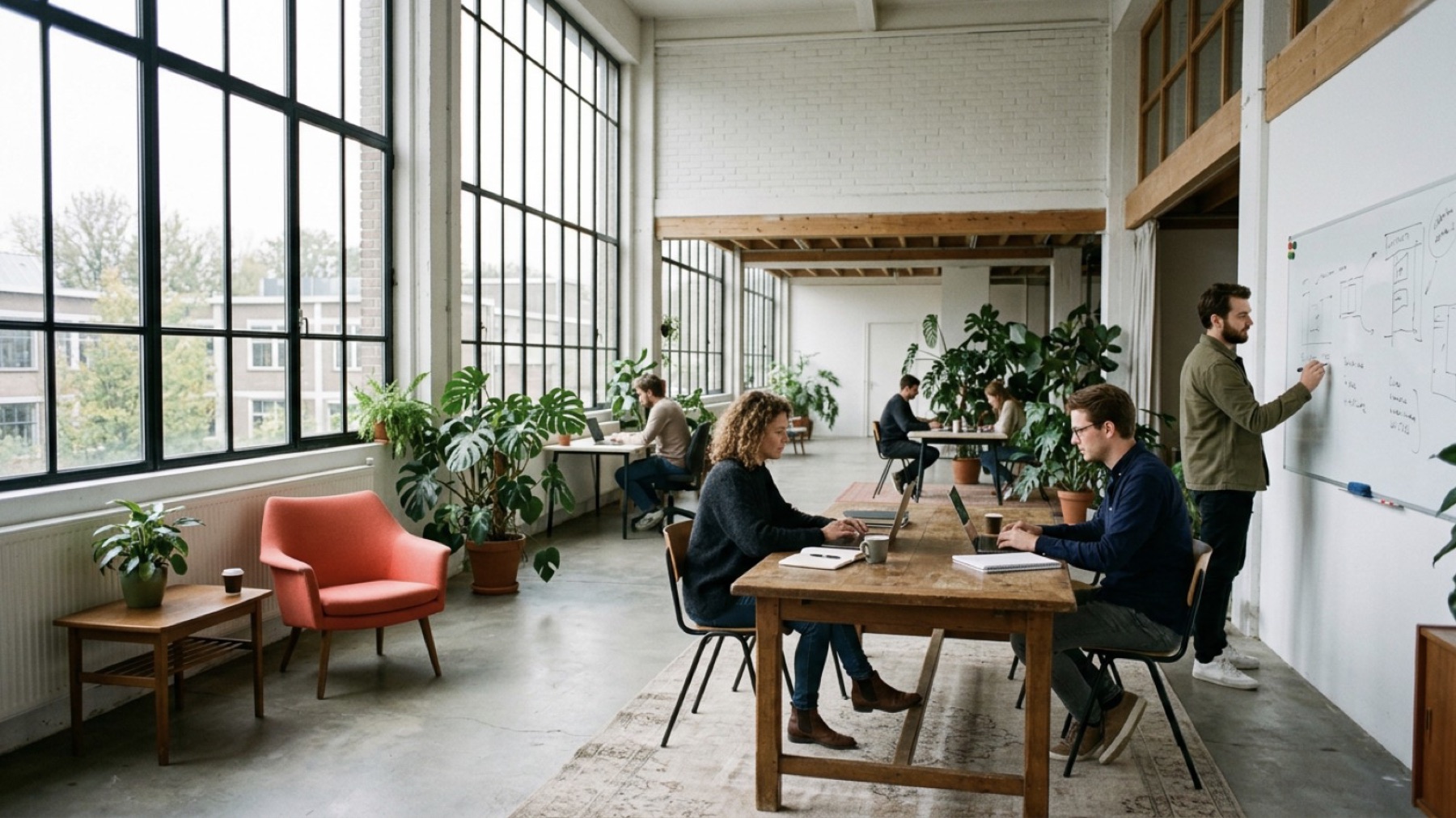 De studio van binnen, mensen aan het werk